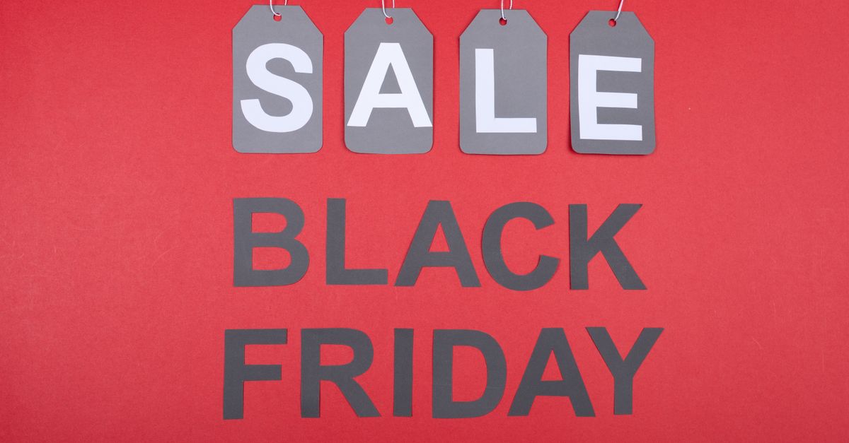 Red background with SALE tags and Black Friday text, ideal for promotions.